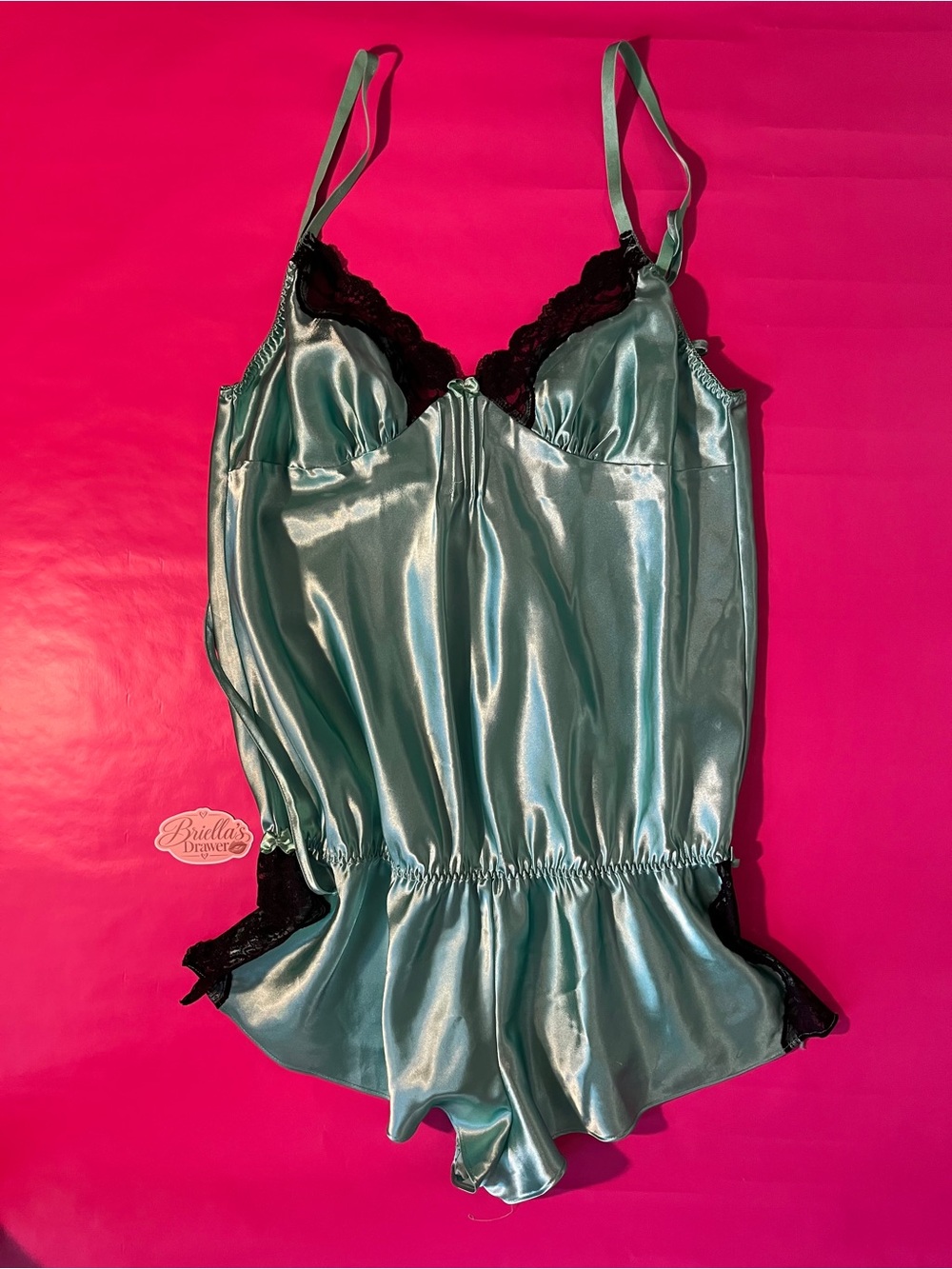 Frederick's of Hollywood Teal Satin Romper with Black Lace Trim